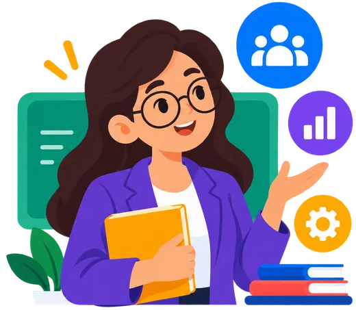 A teacher presenting with a book, surrounded by learning tools